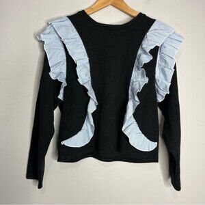Zara Black Poplin Sweater with Contrasting Micro Stripe Ruffles size M